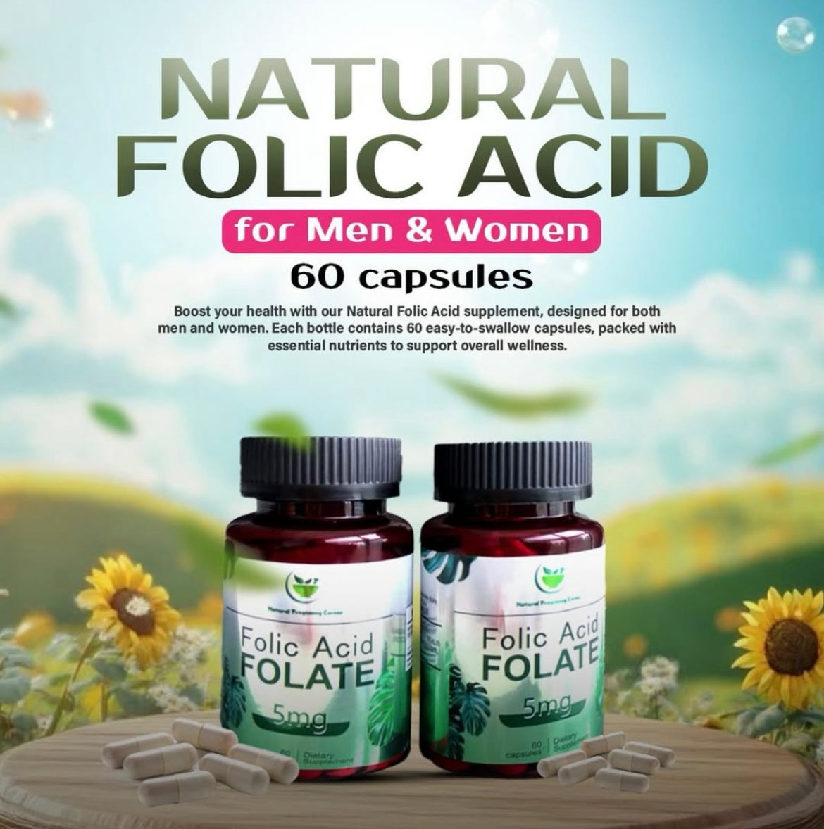Natural Folic acid for Men & Women / 60 capsules